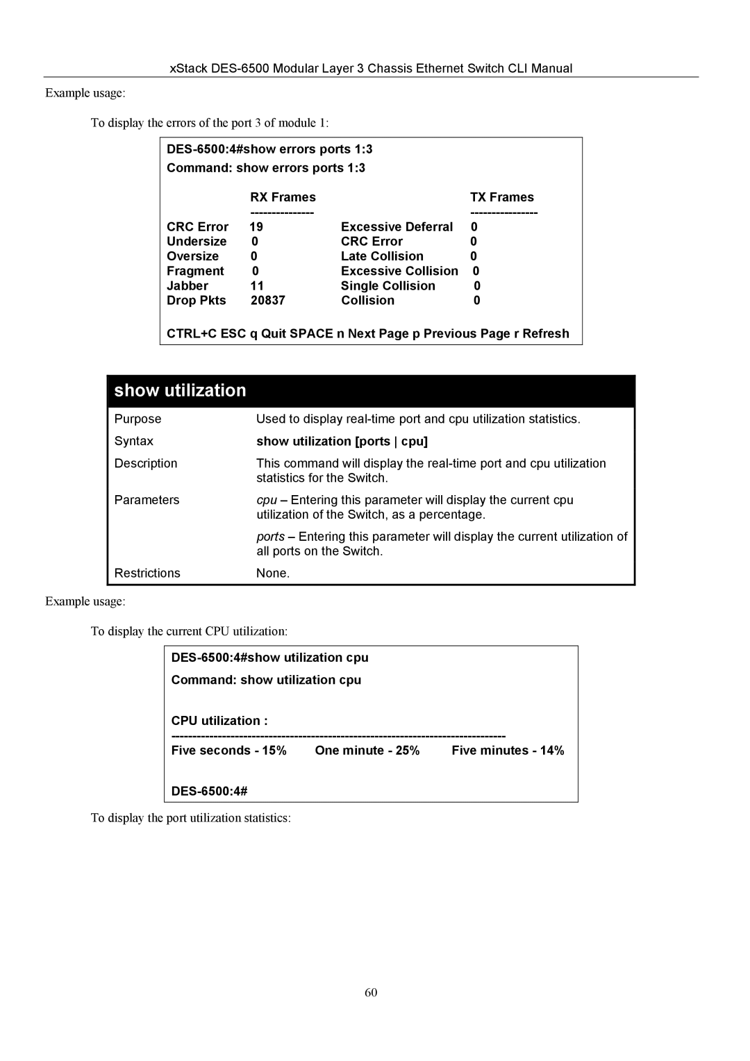 D-Link TM DES-6500 manual Show utilization ports cpu 