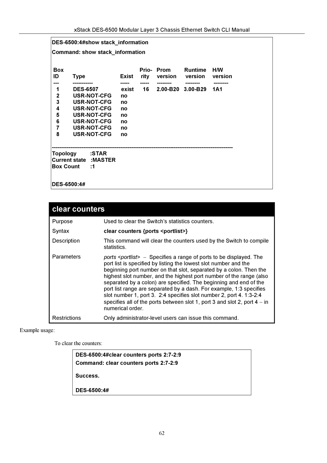 D-Link TM DES-6500 manual Topology, Current state, Box Count DES-65004#, Clear counters ports portlist 