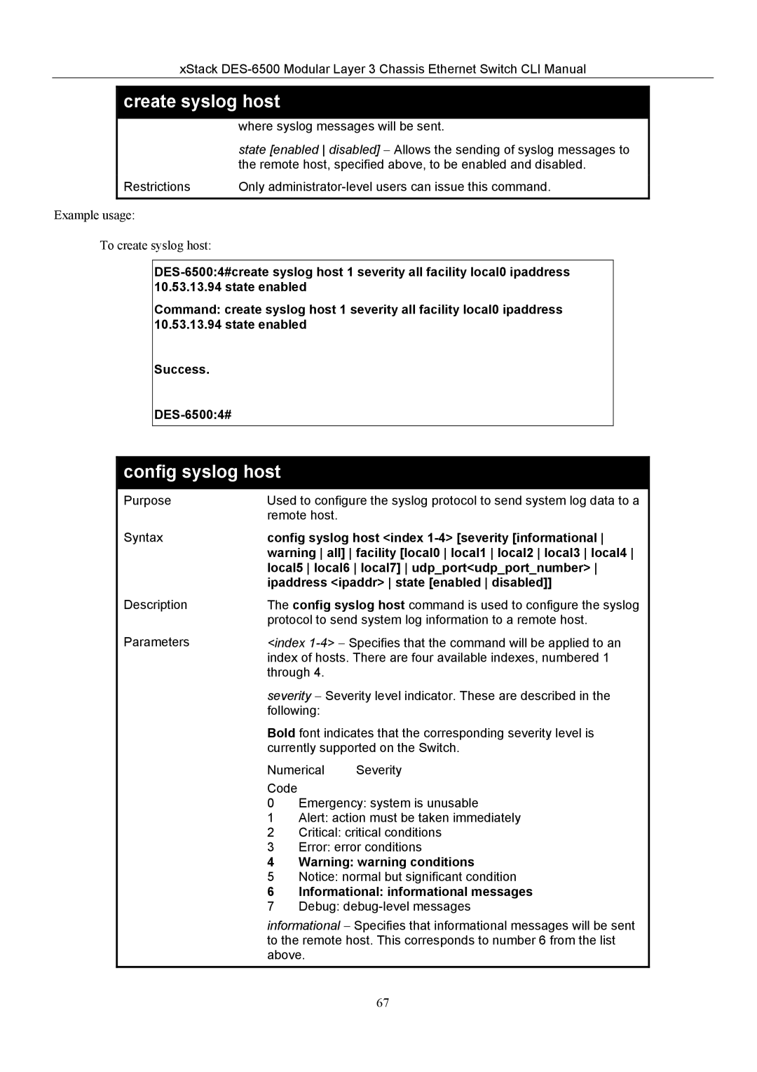 D-Link TM DES-6500 manual Config syslog host 