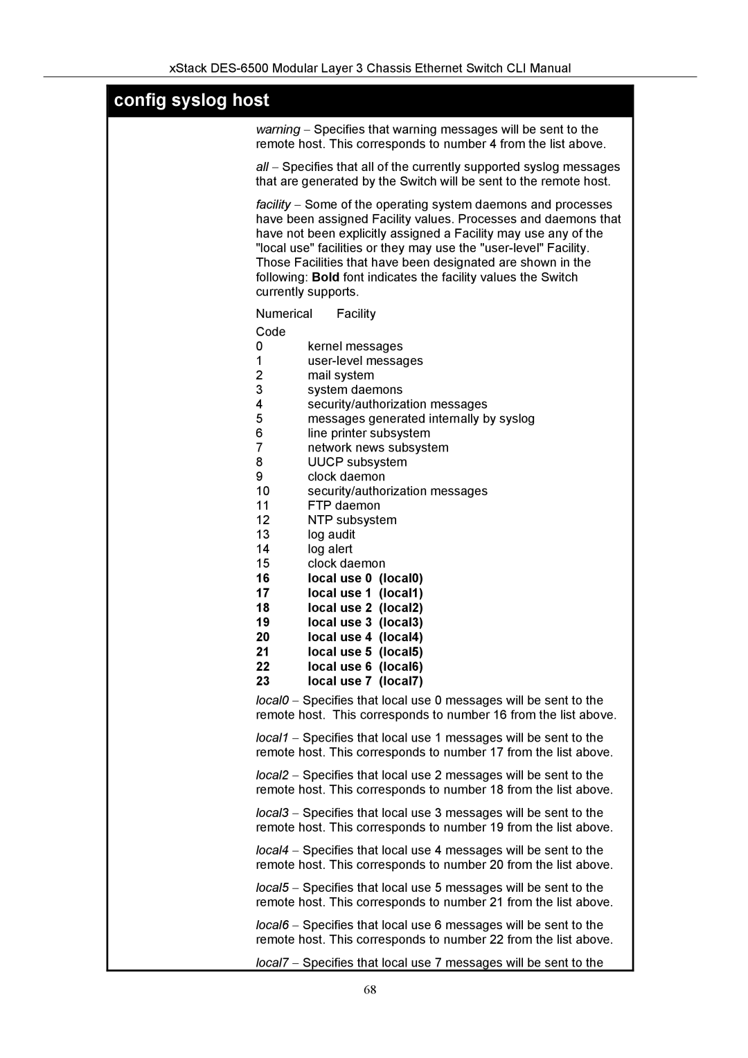 D-Link TM DES-6500 manual Config syslog host 