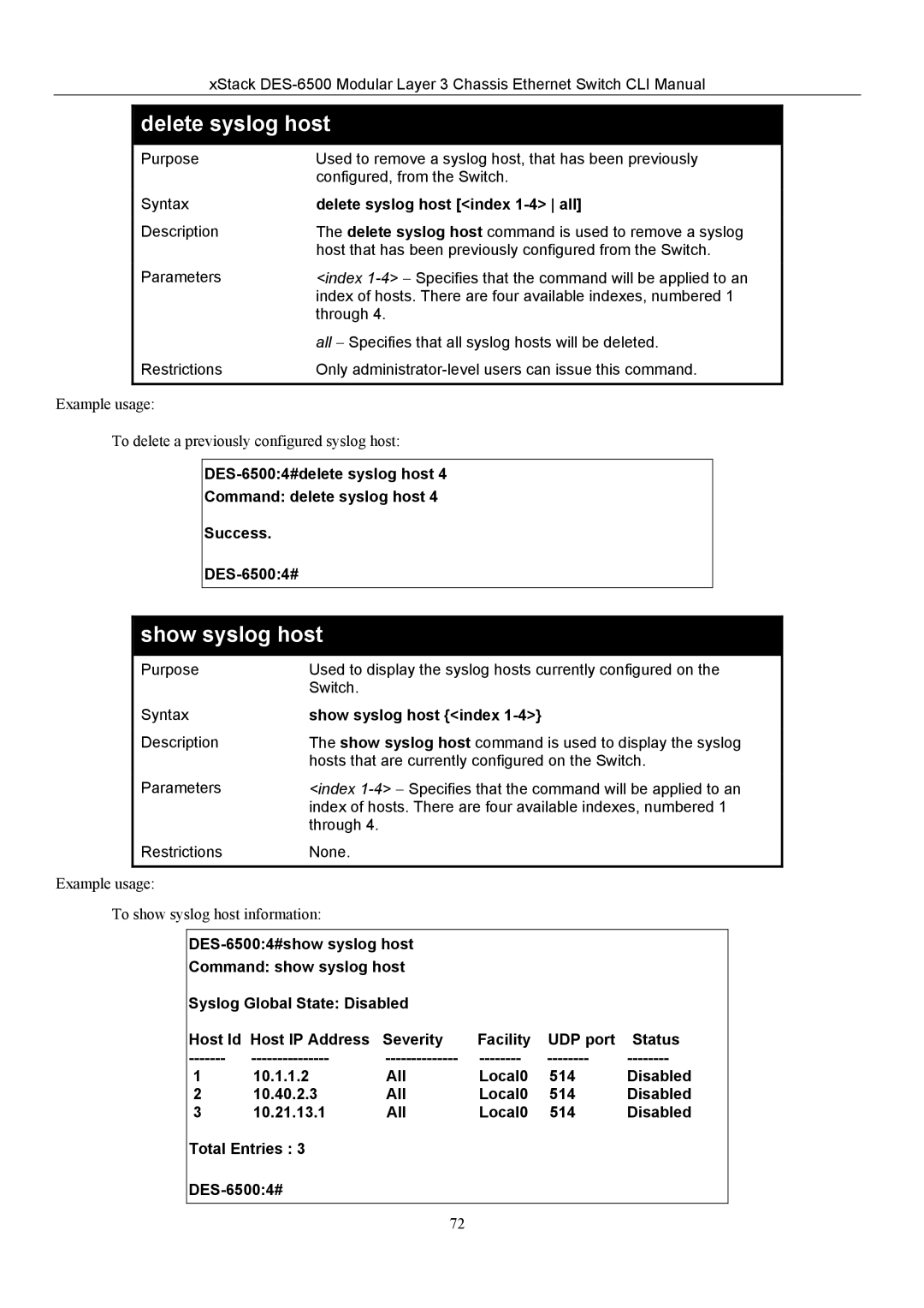 D-Link TM DES-6500 manual Delete syslog host index 1-4 all, Show syslog host index 