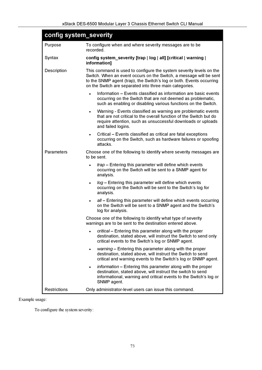 D-Link TM DES-6500 manual Config systemseverity trap log all critical warning, Information 