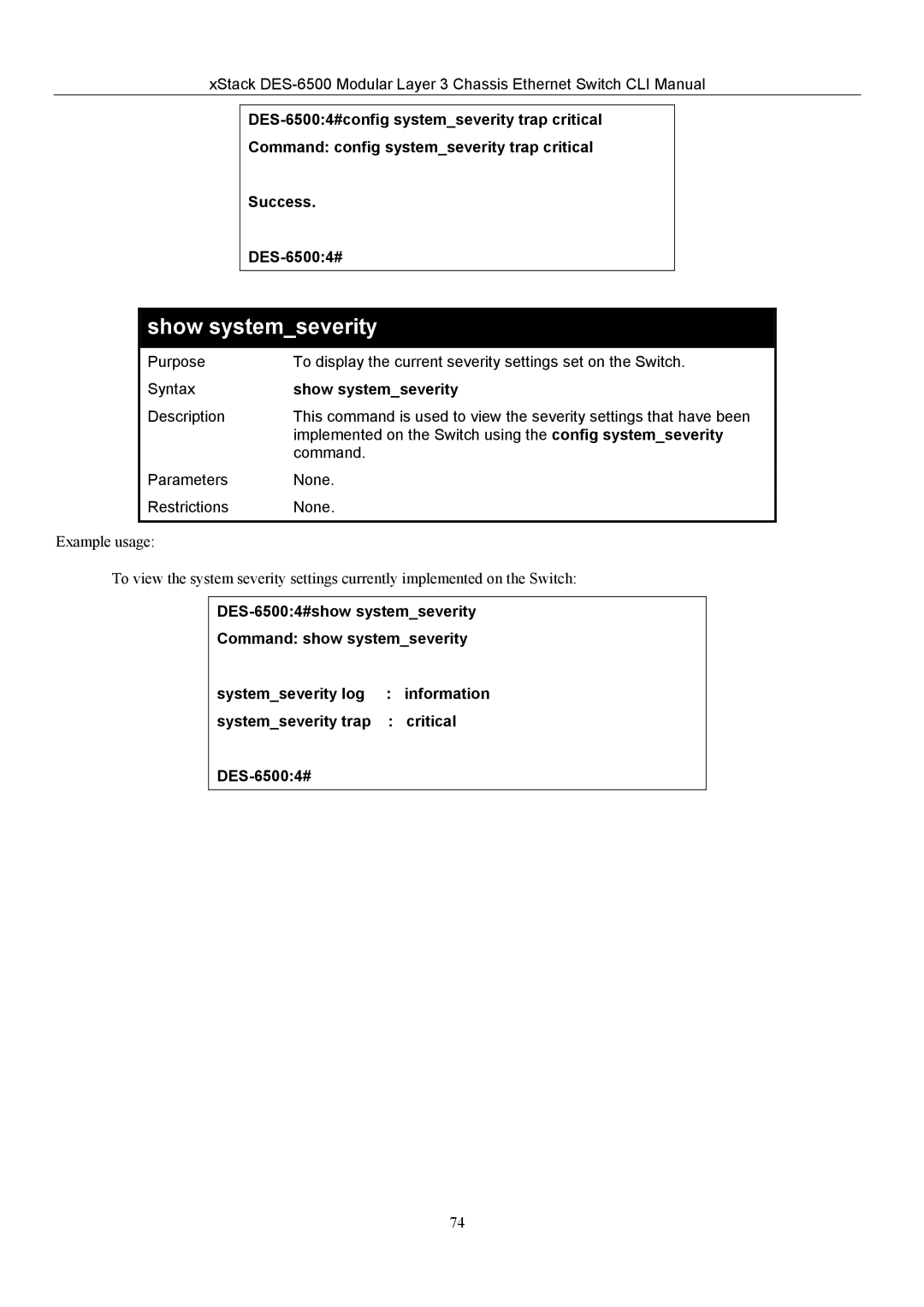 D-Link TM DES-6500 manual Show systemseverity 