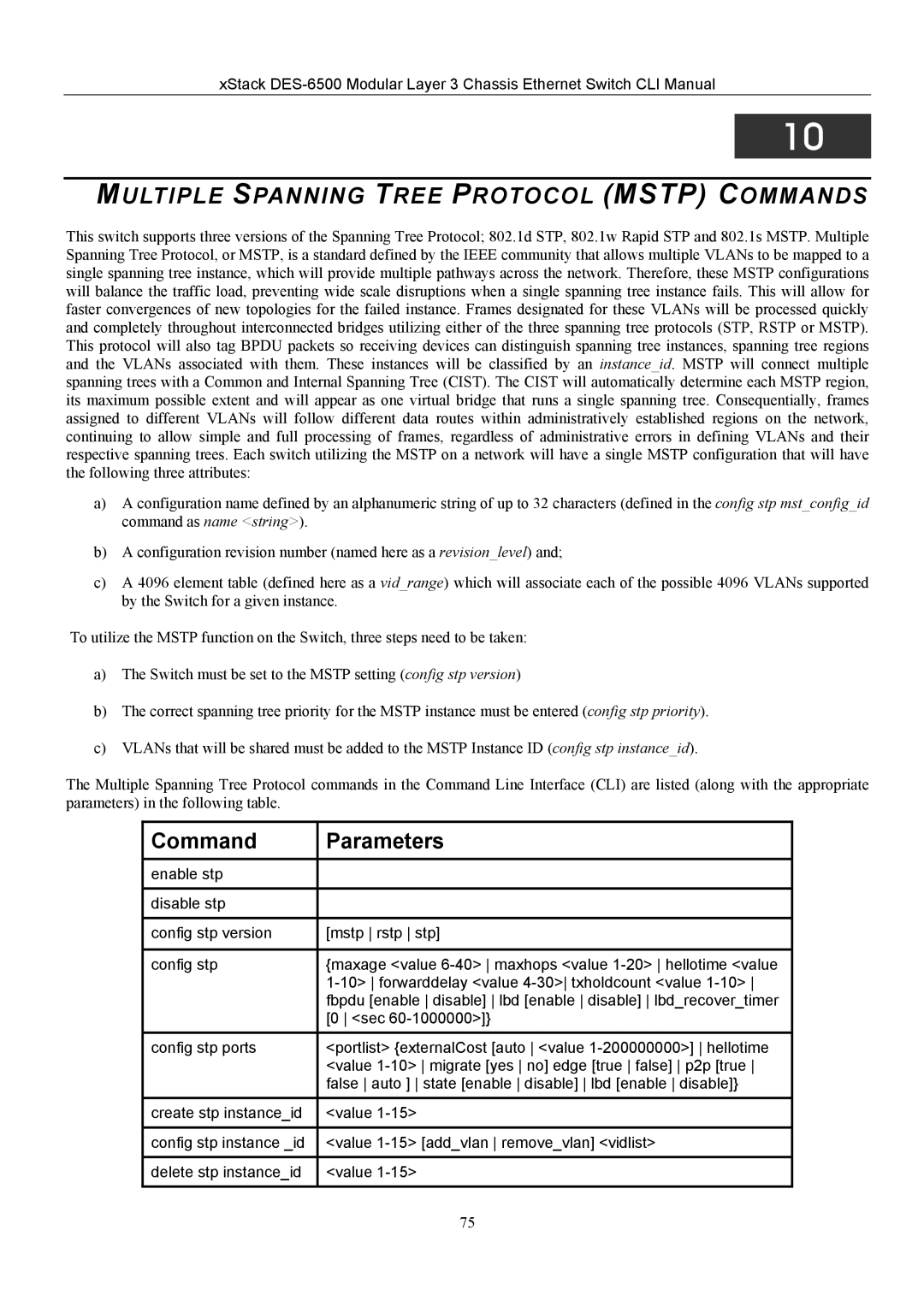 D-Link TM DES-6500 manual Multiple Spanning Tree Protocol Mstp Commands 