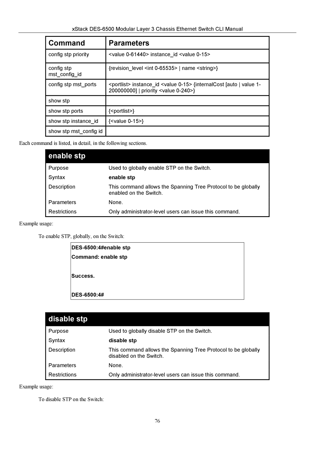 D-Link TM DES-6500 manual Enable stp, Disable stp, DES-65004#enable stp Command enable stp Success 