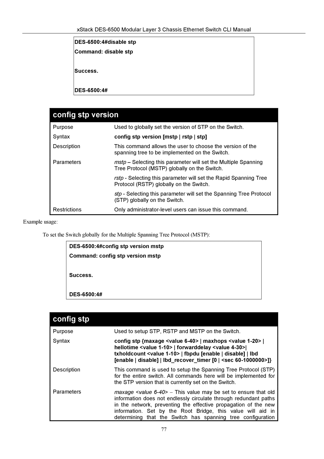 D-Link TM DES-6500 manual Config stp version 