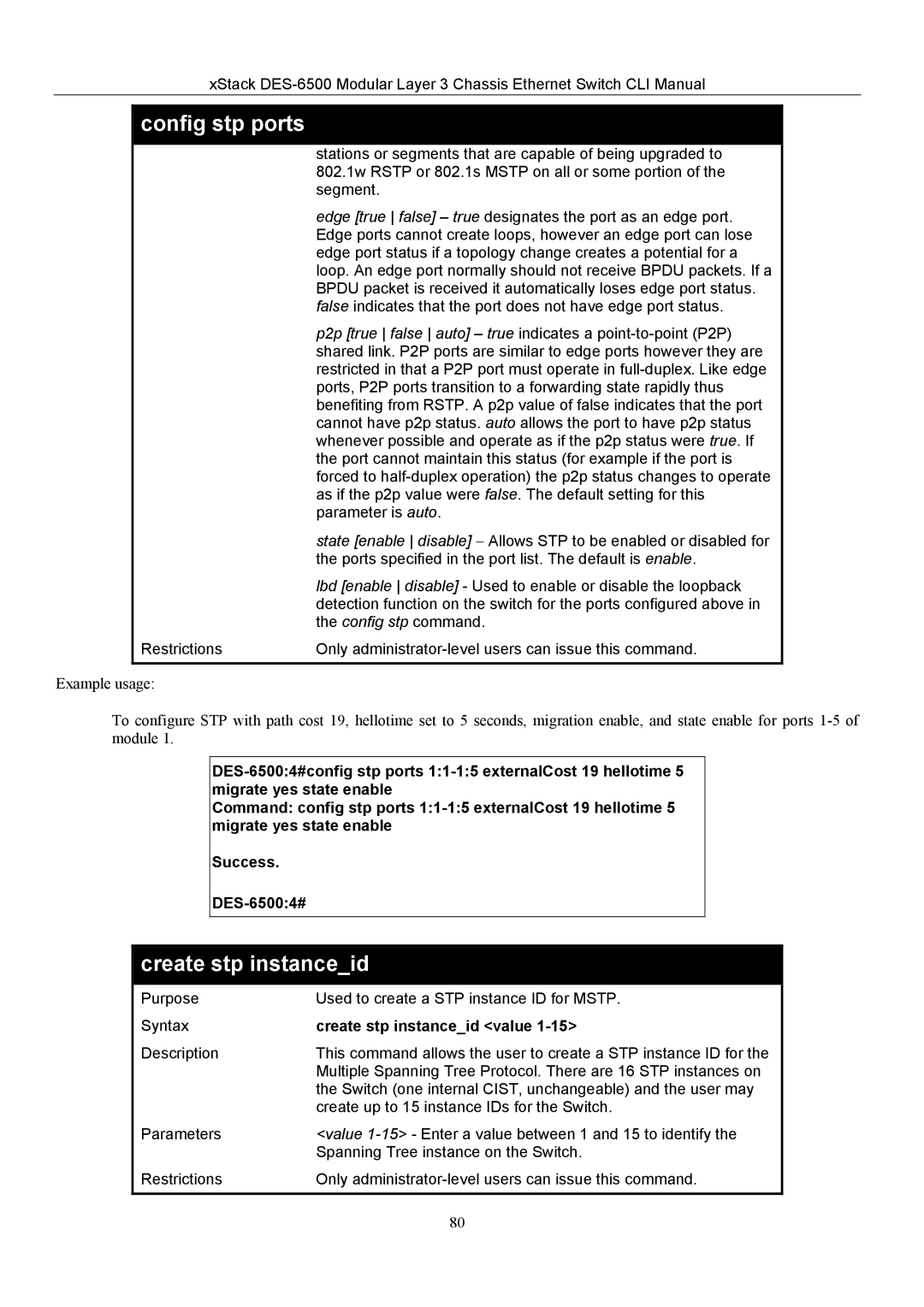 D-Link TM DES-6500 manual Create stp instanceid value 