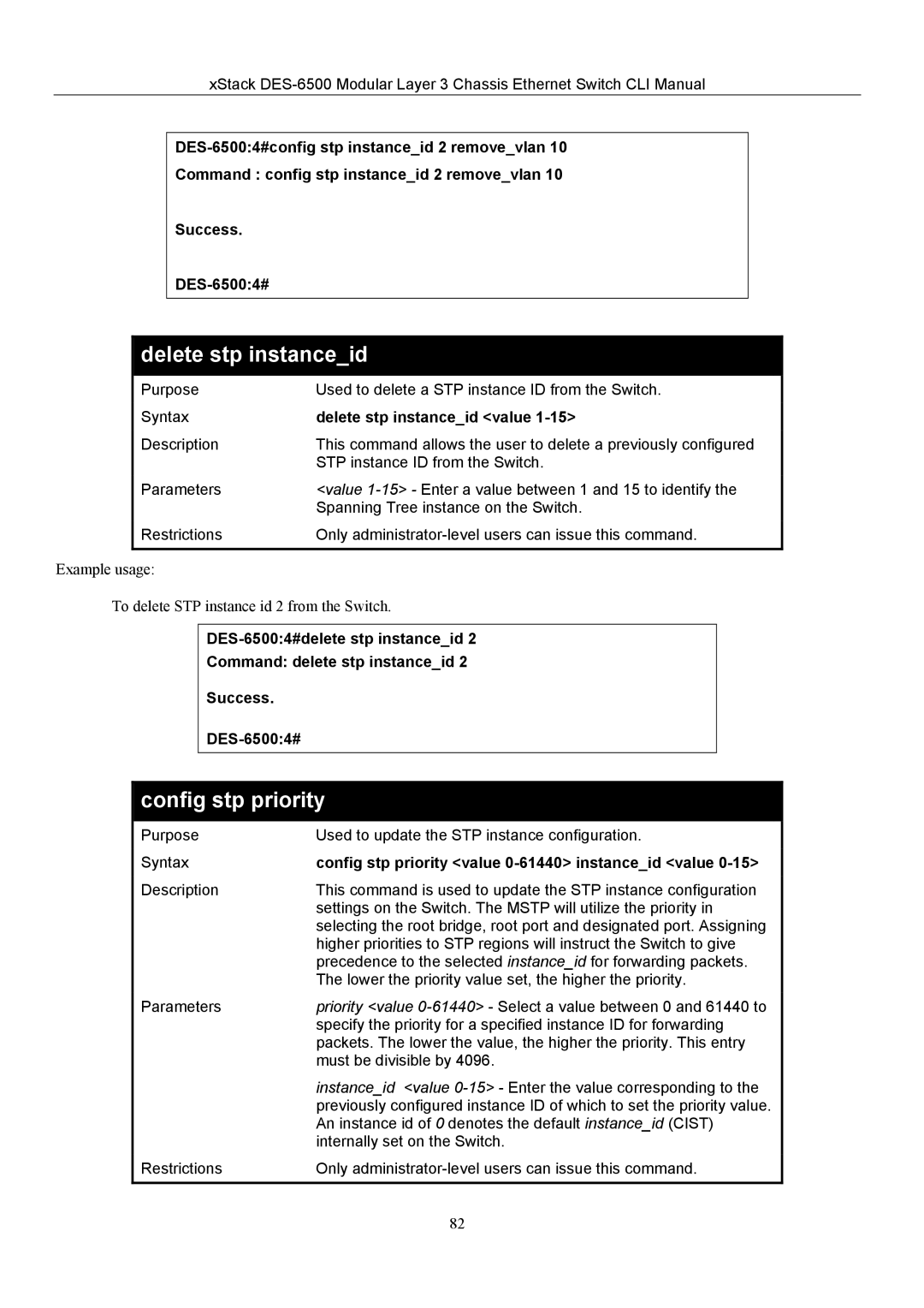 D-Link TM DES-6500 manual Config stp priority, Delete stp instanceid value 