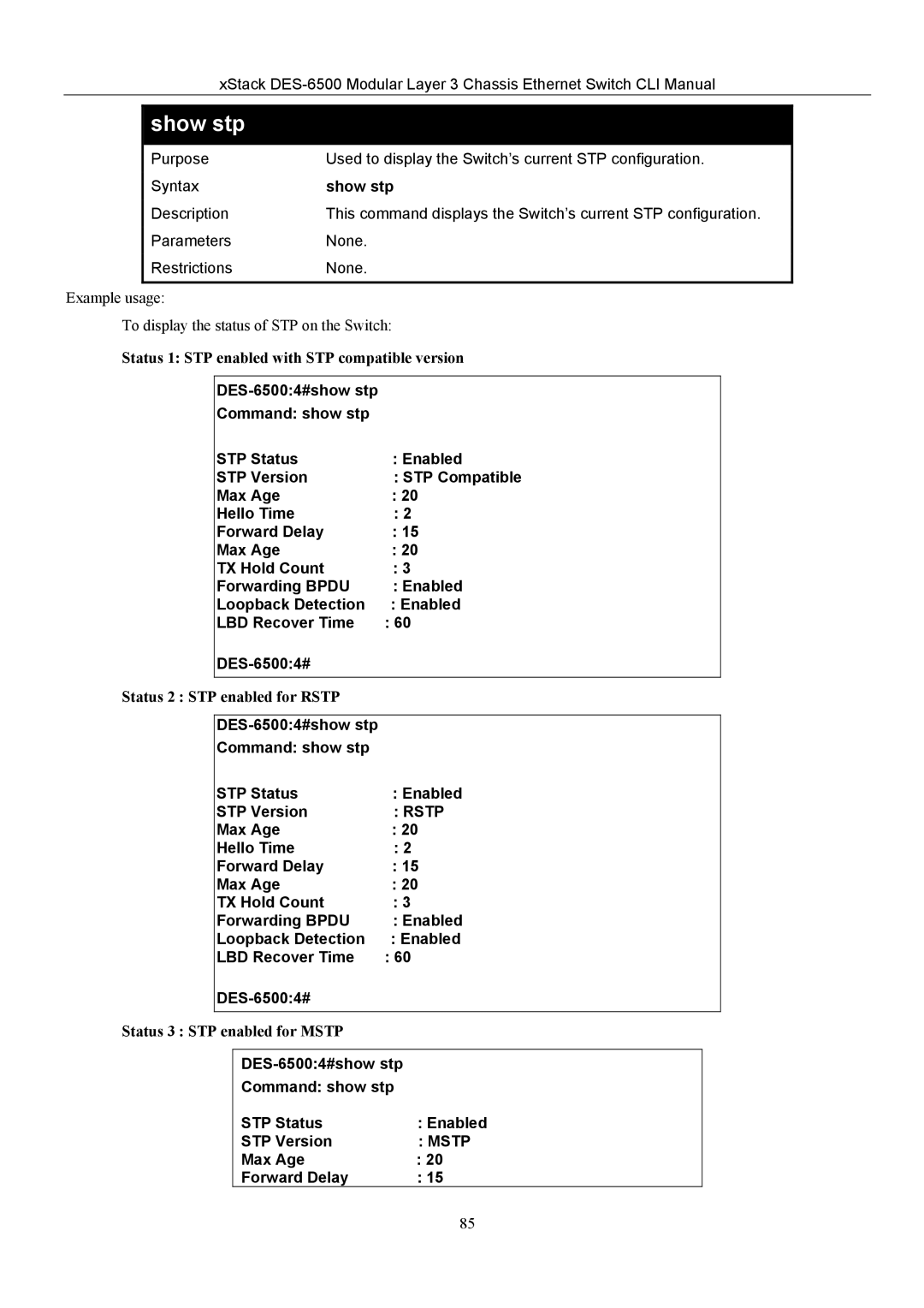 D-Link TM DES-6500 manual Show stp, Max Age Forward Delay 