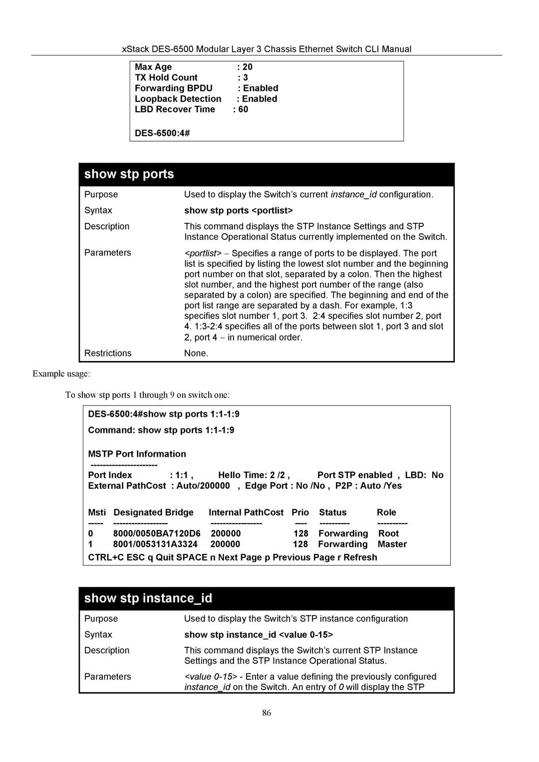 D-Link TM DES-6500 manual Show stp ports portlist, Show stp instanceid value 