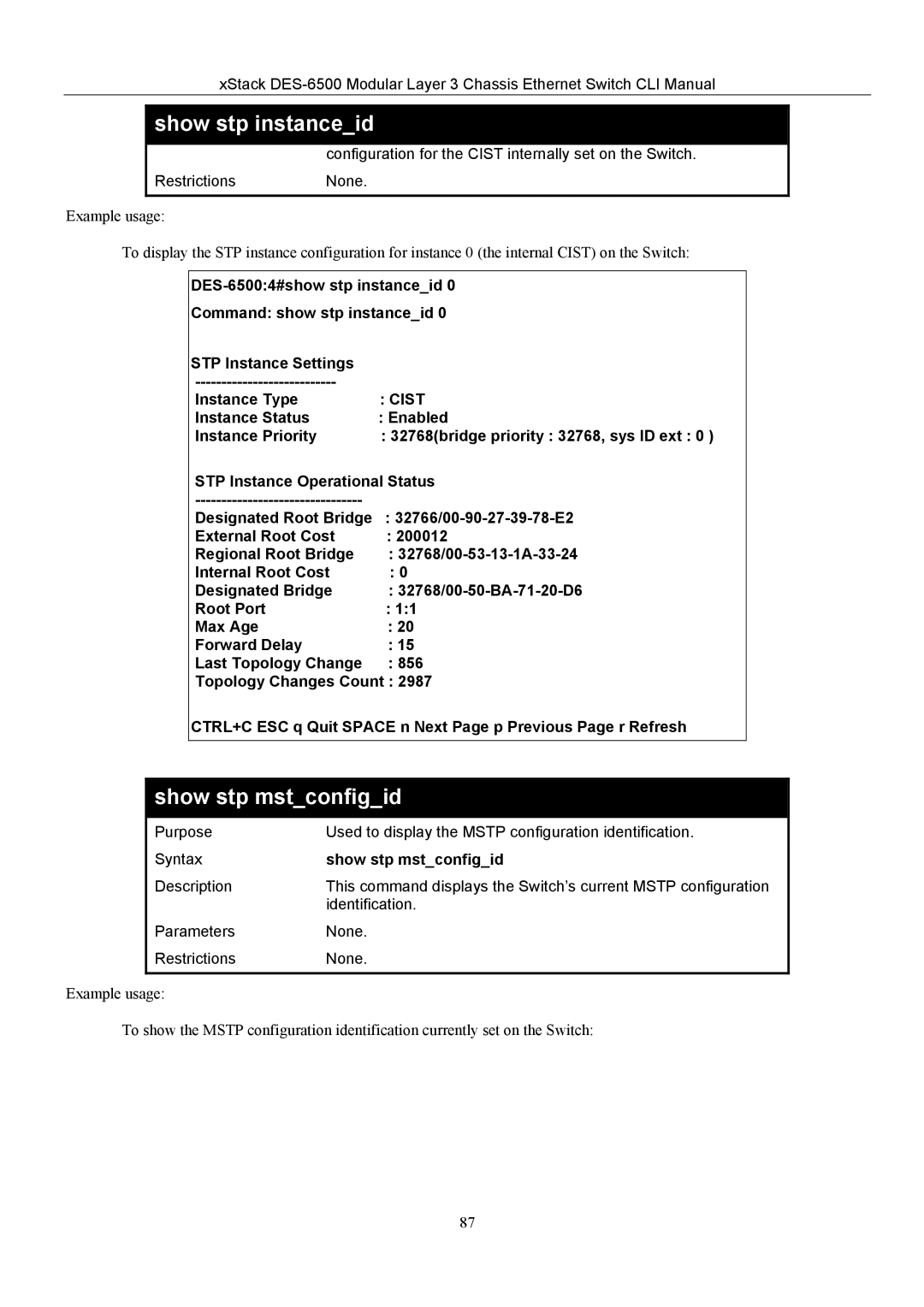 D-Link TM DES-6500 manual Show stp mstconfigid 