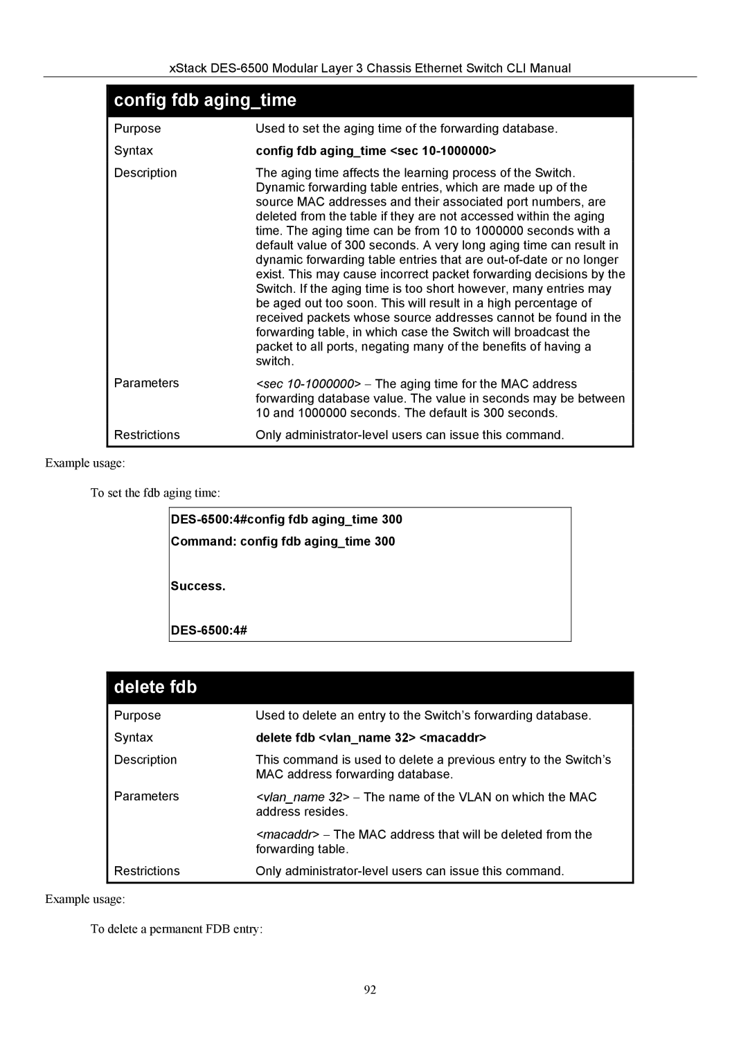 D-Link TM DES-6500 manual Config fdb agingtime sec, Delete fdb vlanname 32 macaddr 