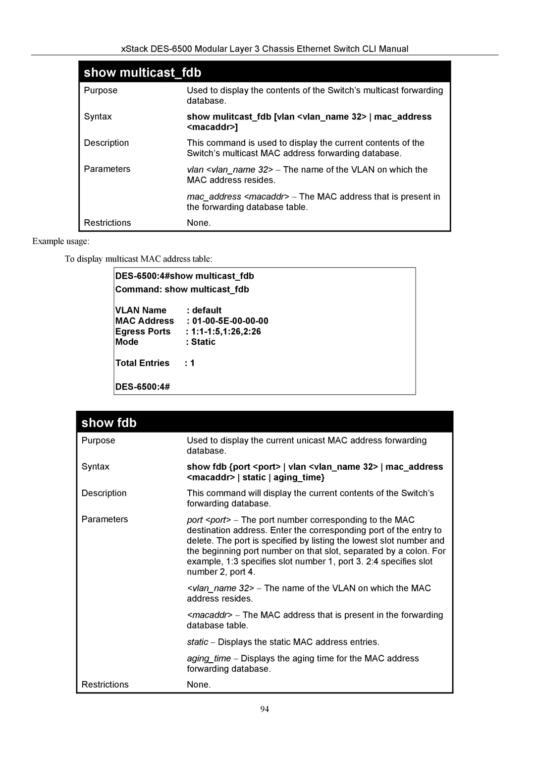 D-Link TM DES-6500 manual Show multicastfdb, Show fdb 