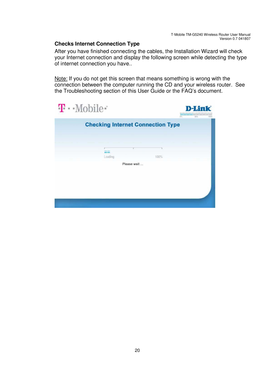 D-Link TM-G5240 user manual Checks Internet Connection Type 