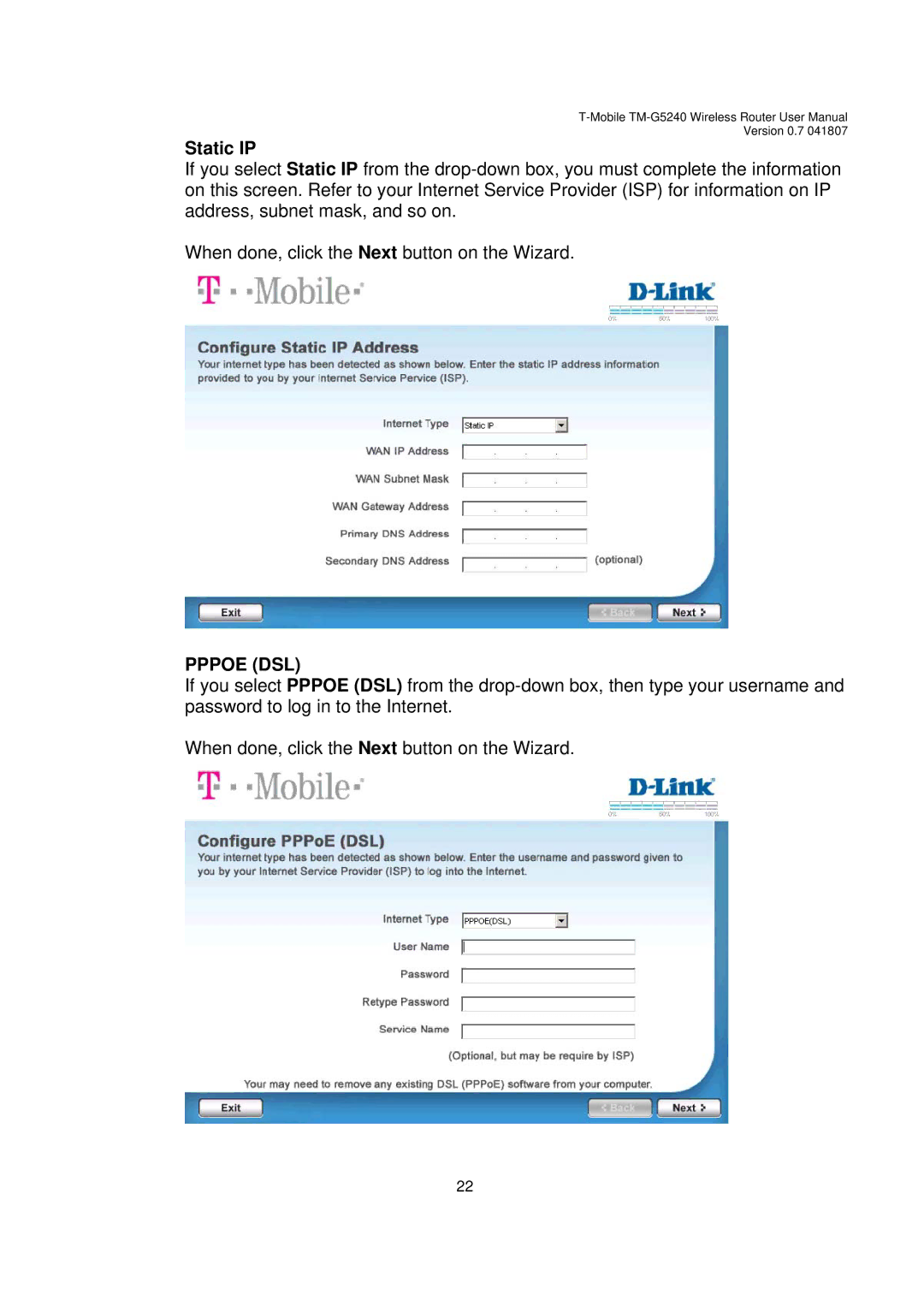 D-Link TM-G5240 user manual Static IP, Pppoe DSL 