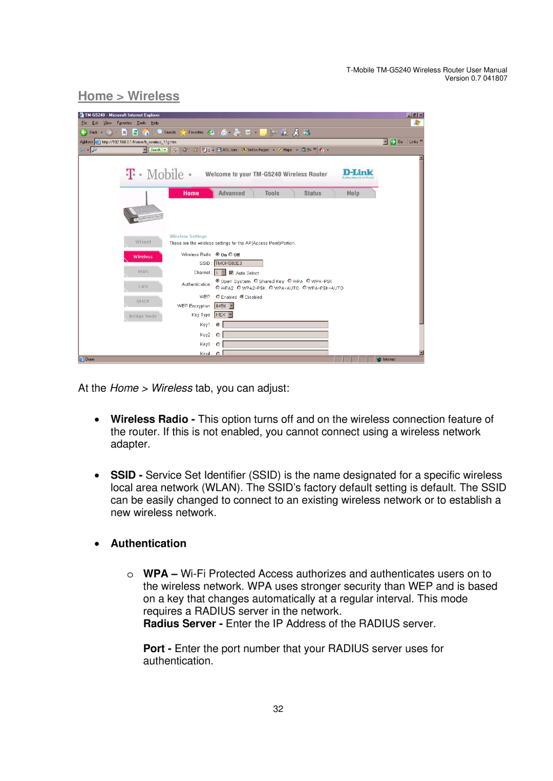 D-Link TM-G5240 user manual Home Wireless, Authentication 