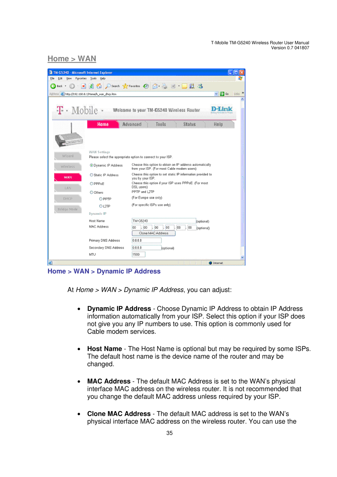 D-Link TM-G5240 user manual Home WAN Dynamic IP Address 