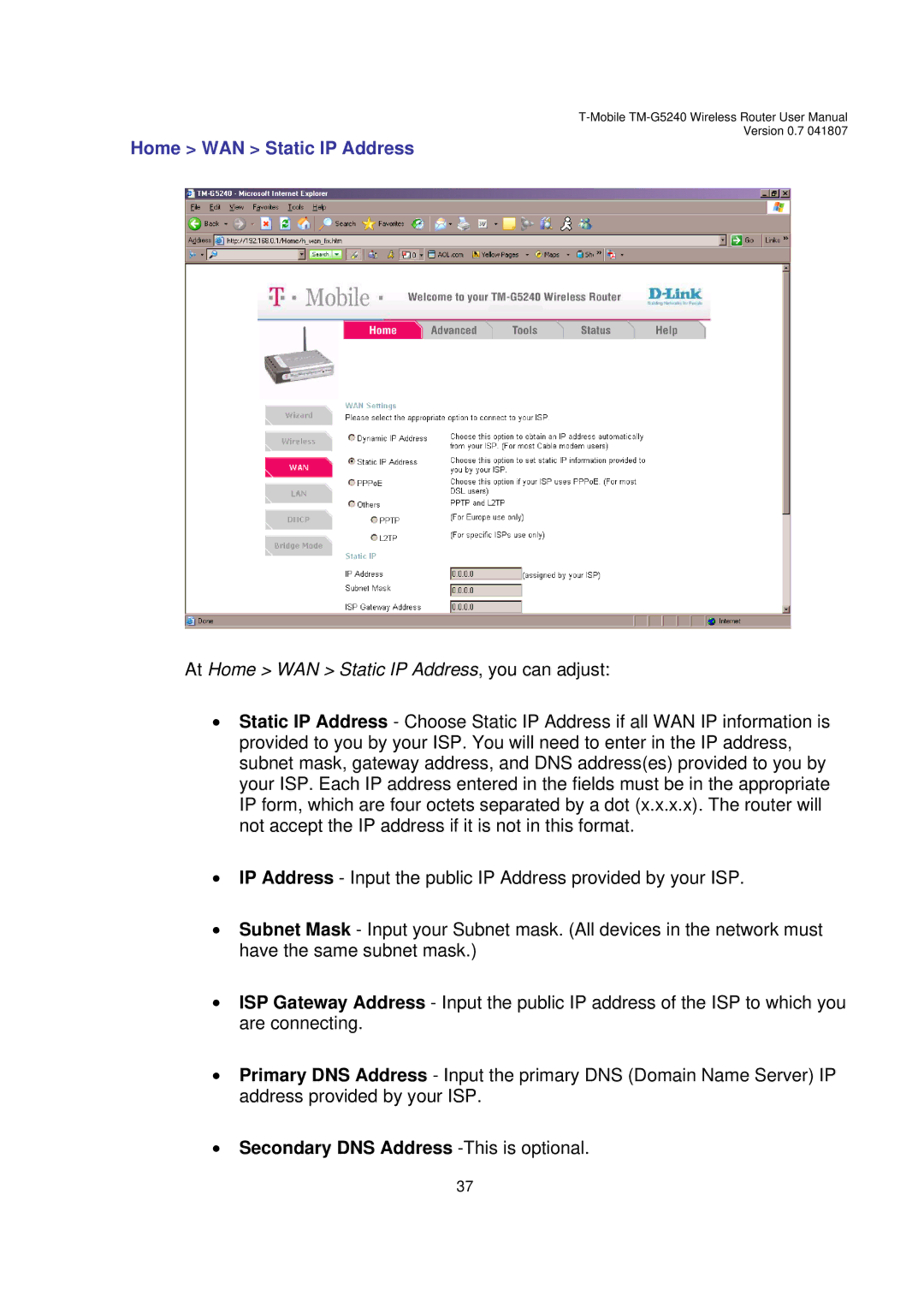 D-Link TM-G5240 user manual Home WAN Static IP Address, Secondary DNS Address -This is optional 