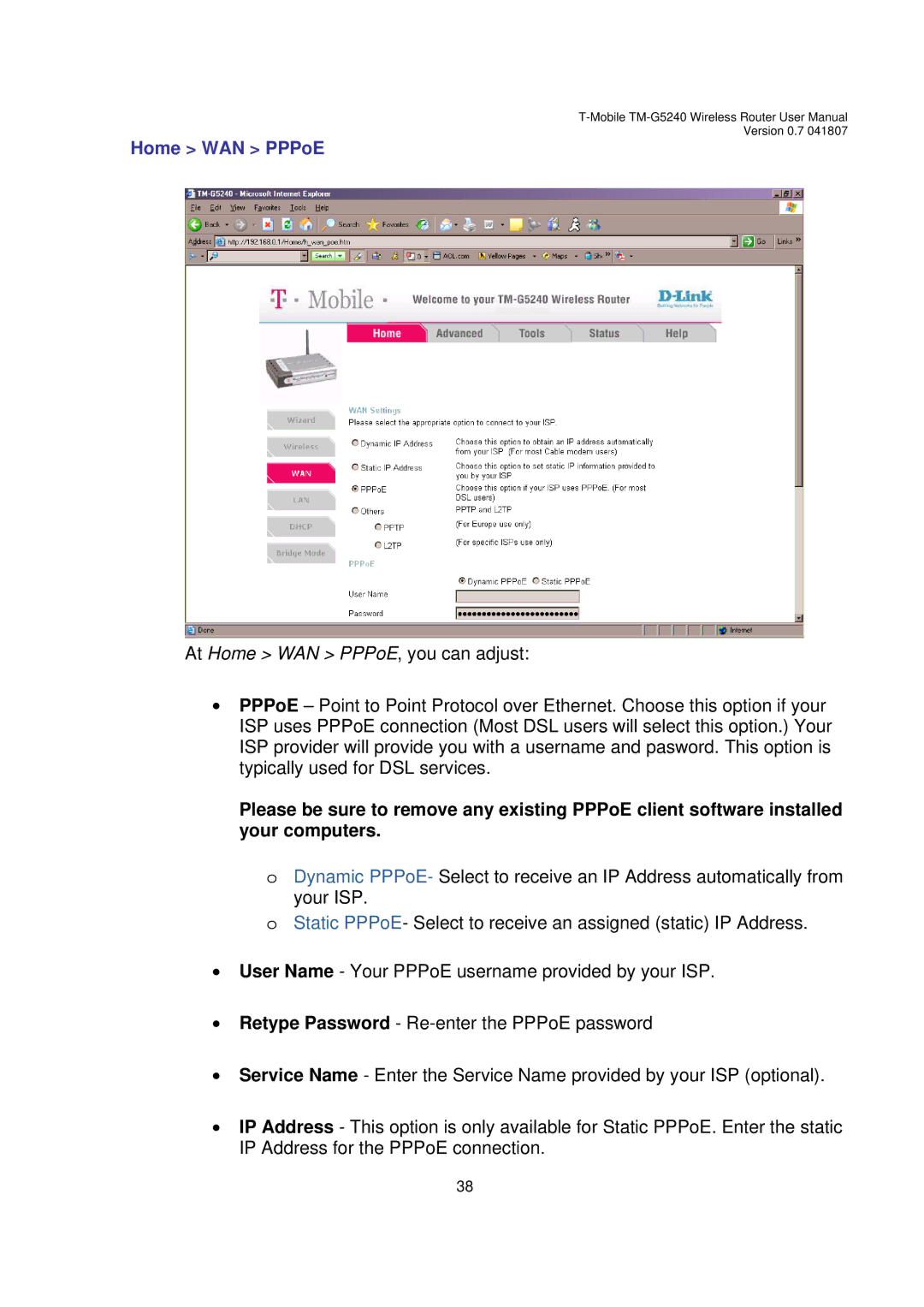 D-Link TM-G5240 user manual Home WAN PPPoE 