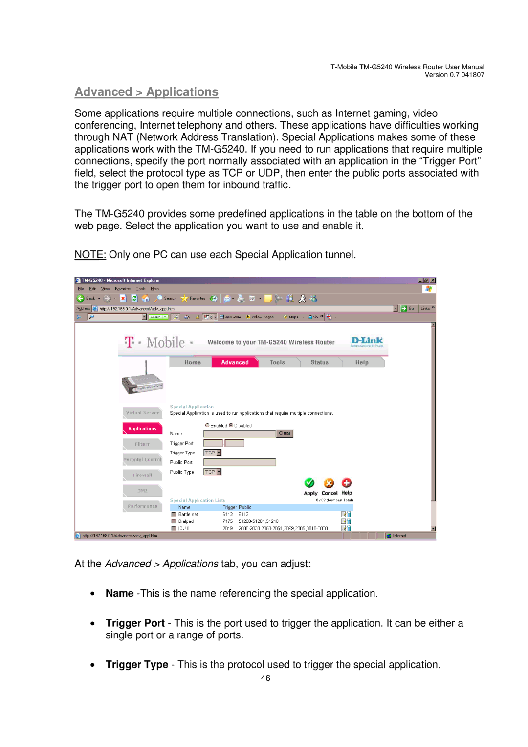 D-Link TM-G5240 user manual Advanced Applications 