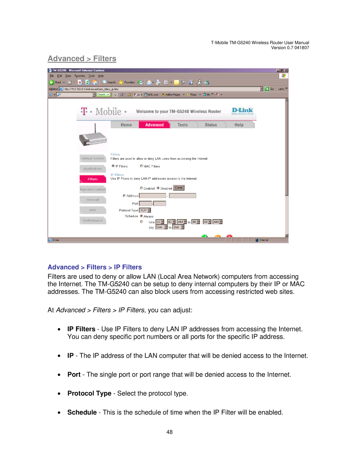 D-Link TM-G5240 user manual Advanced Filters IP Filters 