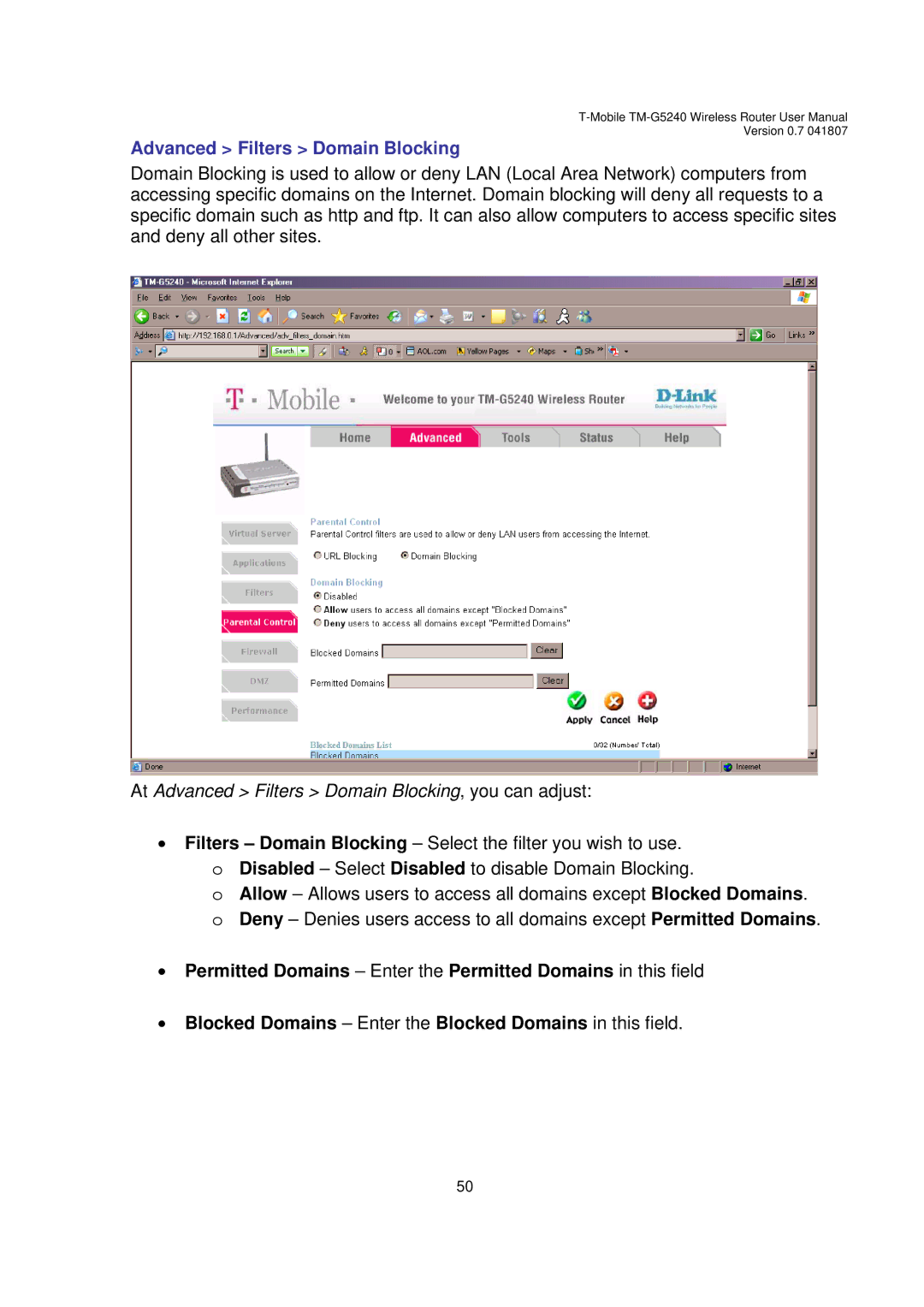 D-Link TM-G5240 user manual Advanced Filters Domain Blocking 