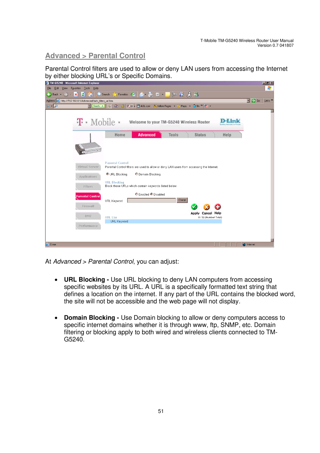 D-Link TM-G5240 user manual At Advanced Parental Control, you can adjust 