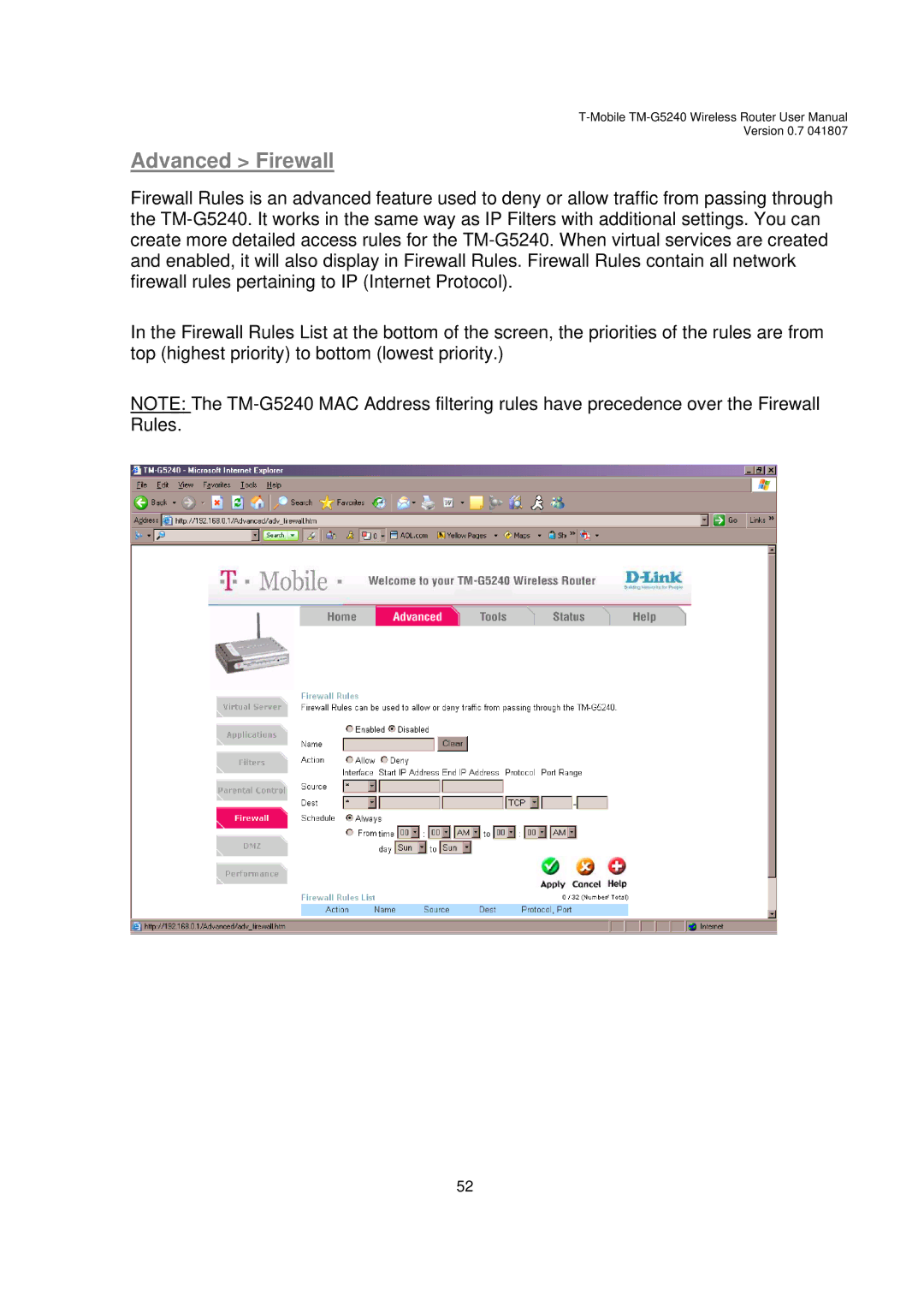 D-Link TM-G5240 user manual Advanced Firewall 