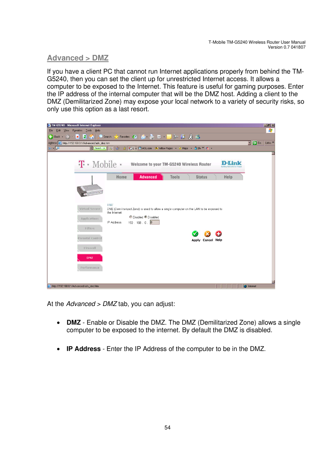 D-Link TM-G5240 user manual Advanced DMZ 