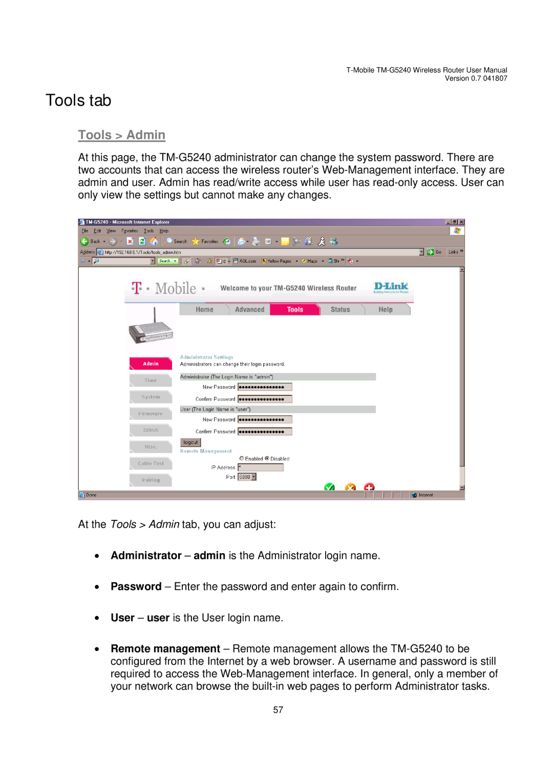 D-Link TM-G5240 user manual Tools tab, Tools Admin 