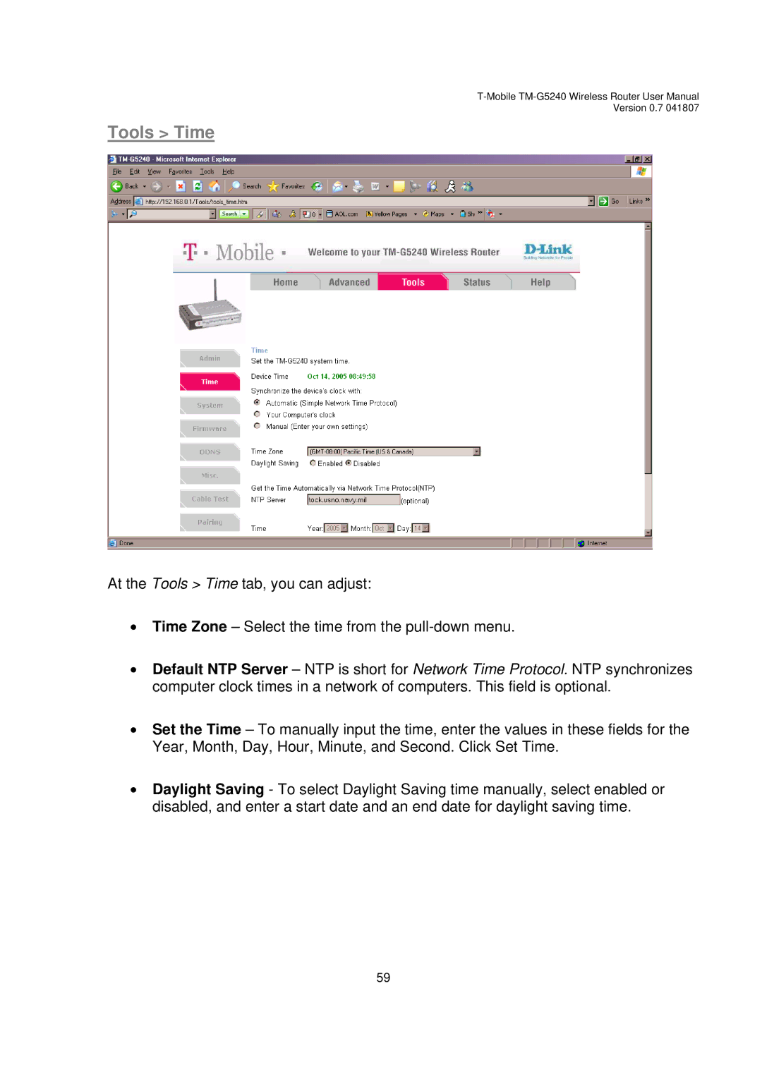 D-Link TM-G5240 user manual Tools Time 