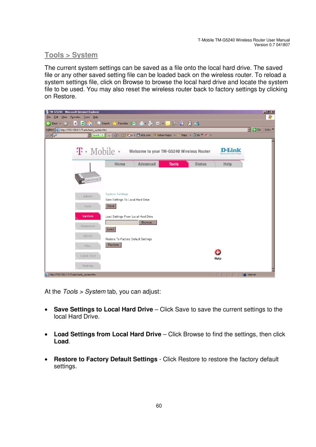 D-Link TM-G5240 user manual Tools System 