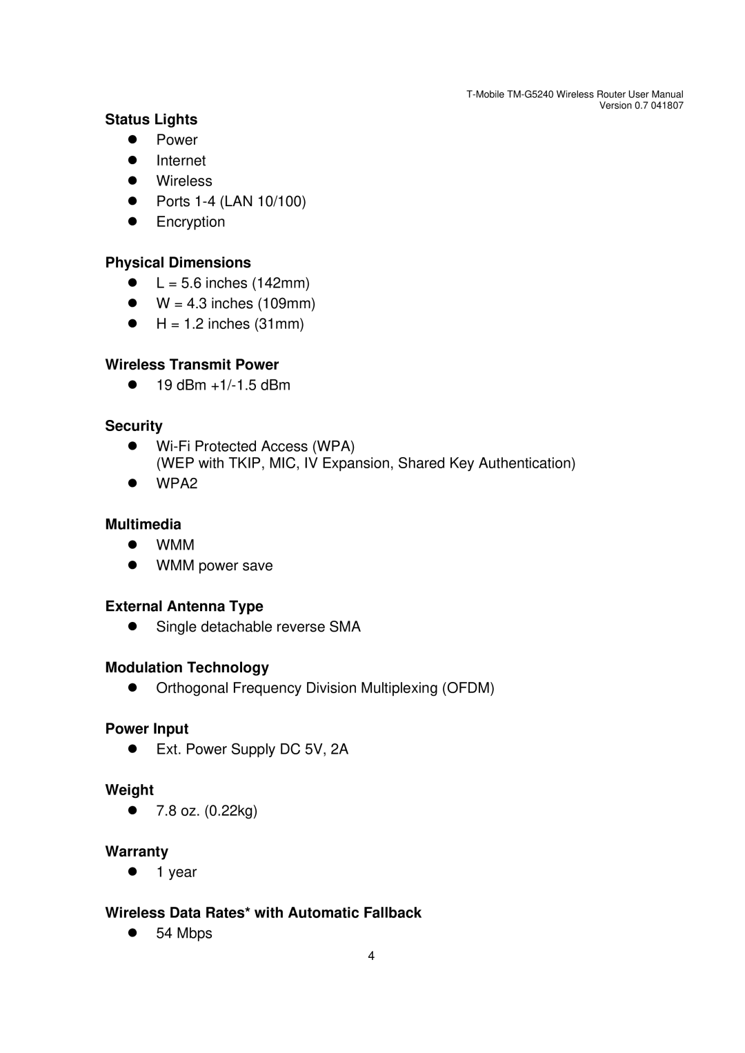 D-Link TM-G5240 Status Lights, Physical Dimensions, Wireless Transmit Power, Security, Multimedia, External Antenna Type 