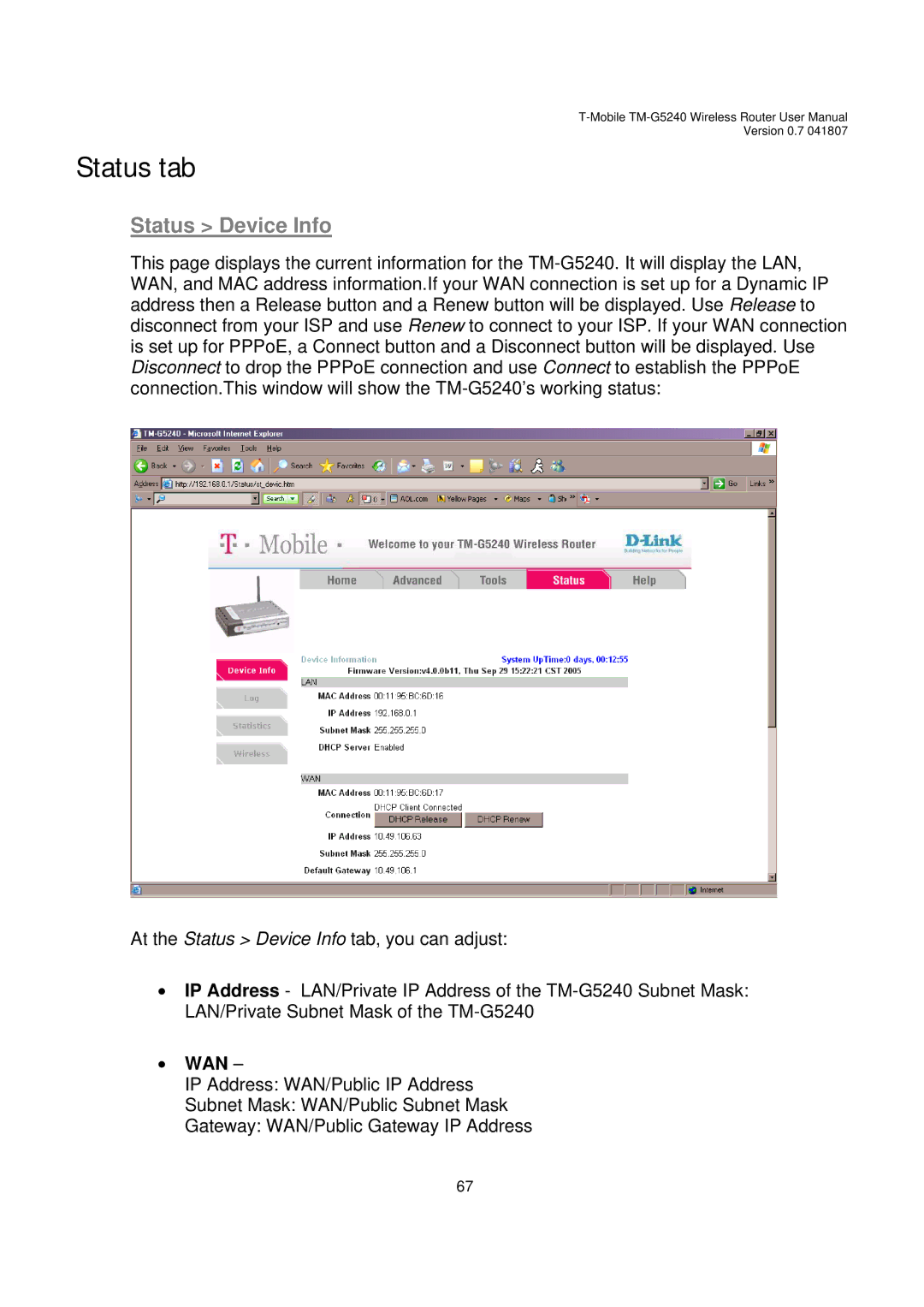 D-Link TM-G5240 user manual Status tab, Status Device Info, Wan 