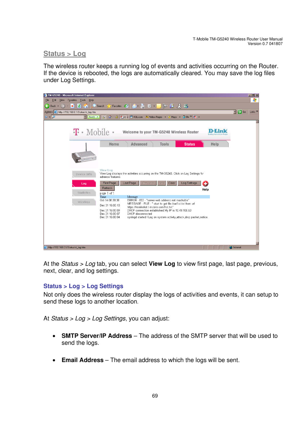 D-Link TM-G5240 user manual Status Log Log Settings 