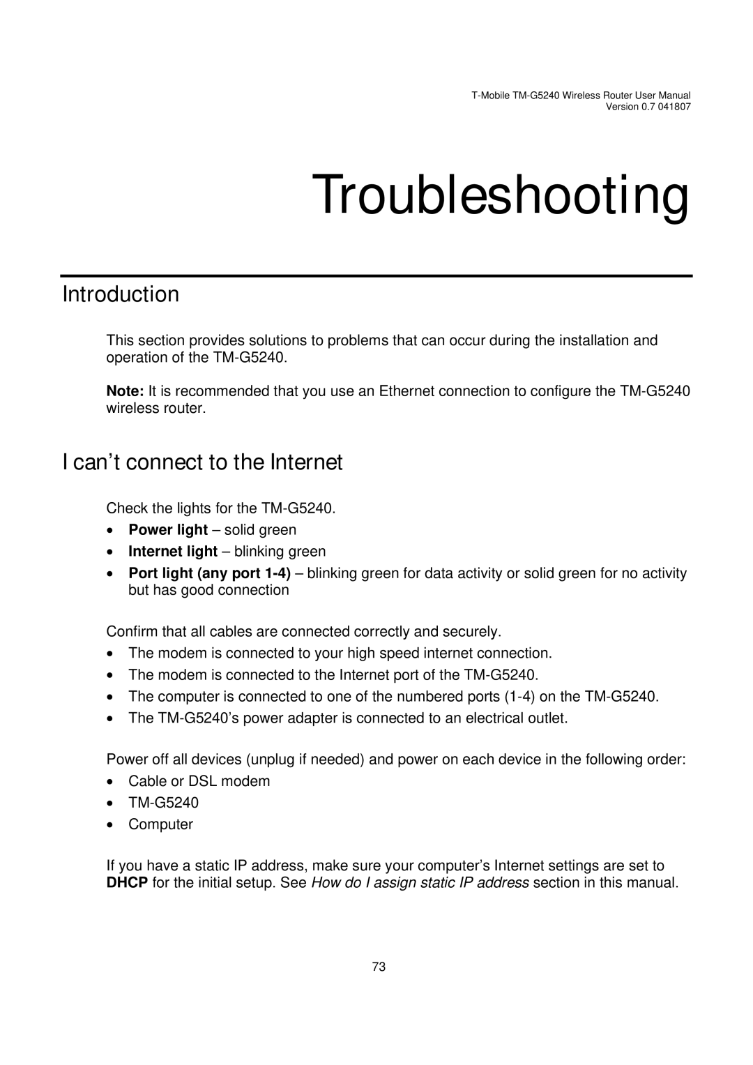 D-Link TM-G5240 user manual Introduction, Can’t connect to the Internet 