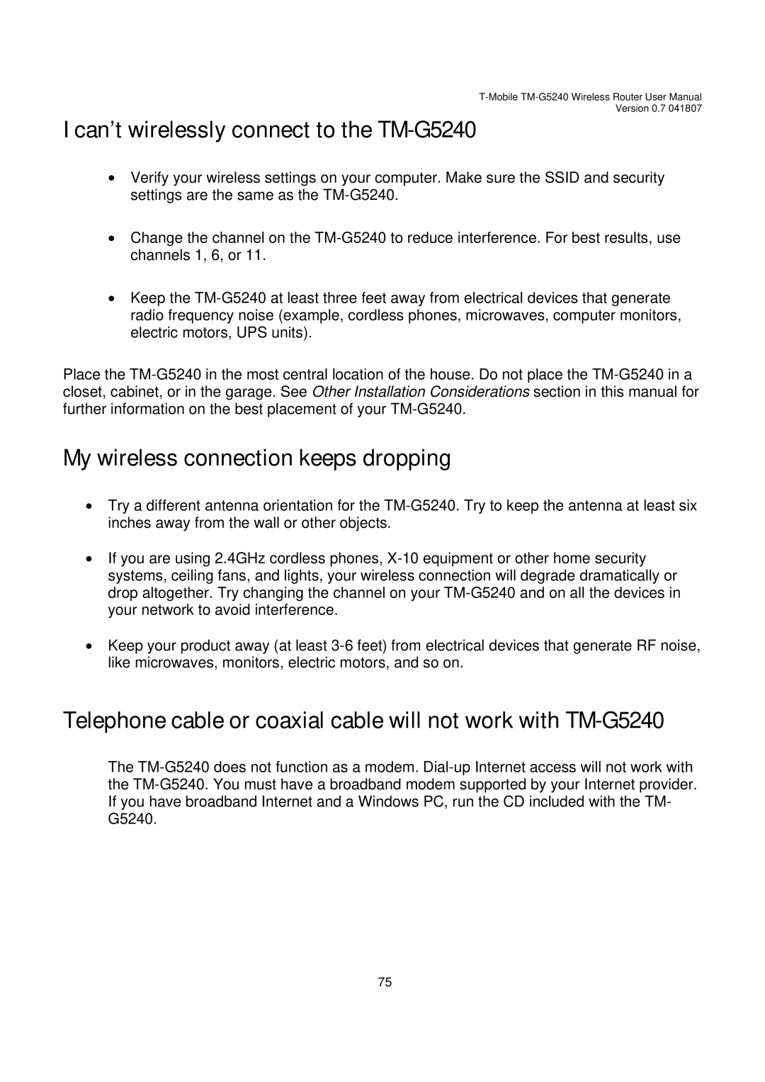 D-Link user manual Can’t wirelessly connect to the TM-G5240, My wireless connection keeps dropping 