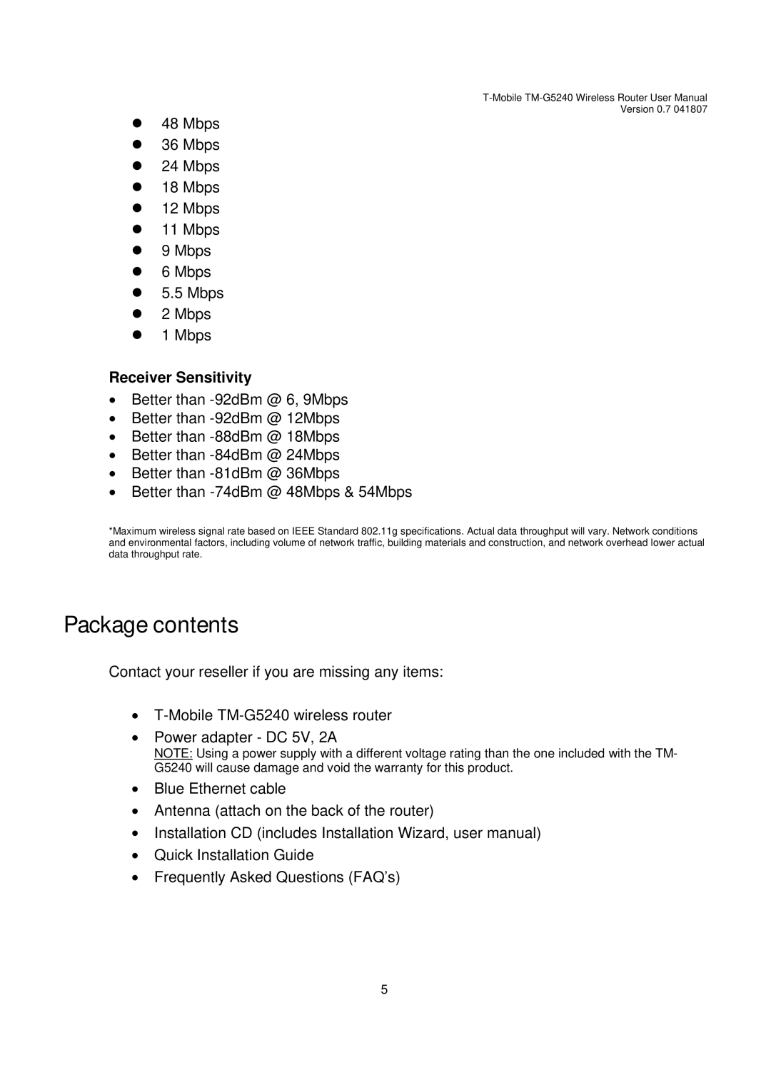 D-Link TM-G5240 user manual Package contents 