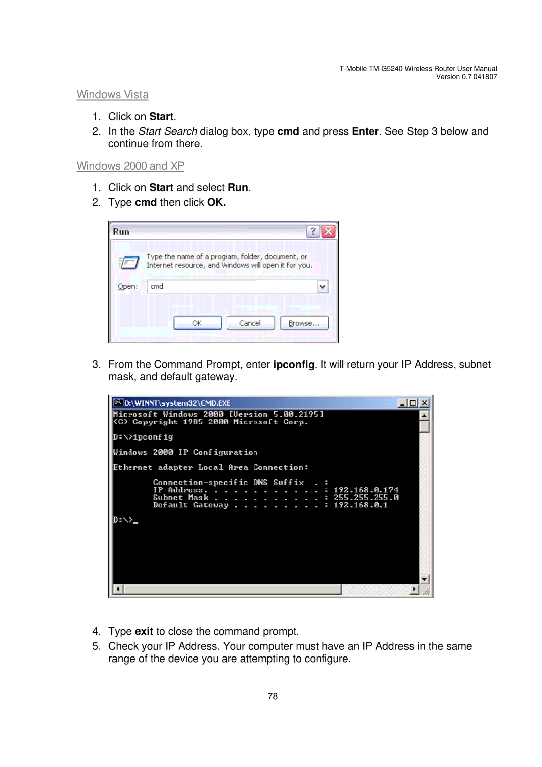 D-Link TM-G5240 user manual Windows Vista, Windows 2000 and XP 