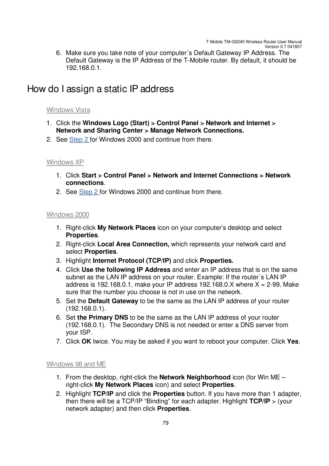 D-Link TM-G5240 user manual How do I assign a static IP address, Windows XP, Windows 98 and ME 