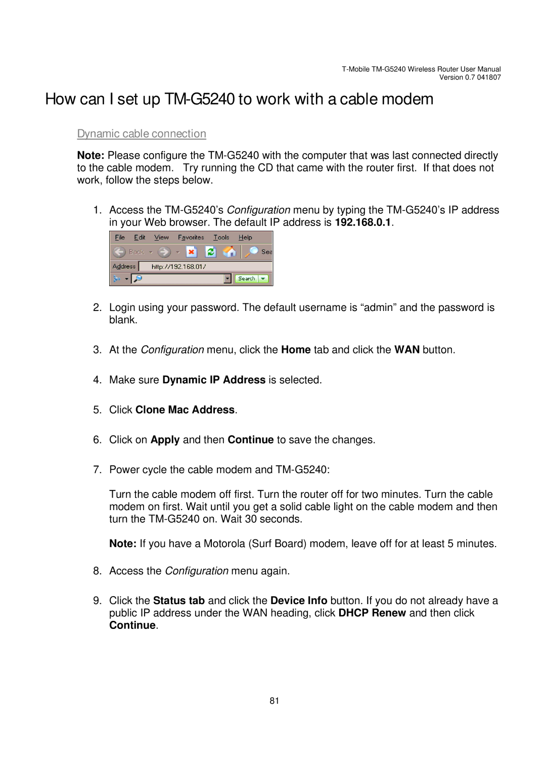 D-Link How can I set up TM-G5240 to work with a cable modem, Dynamic cable connection, Click Clone Mac Address 