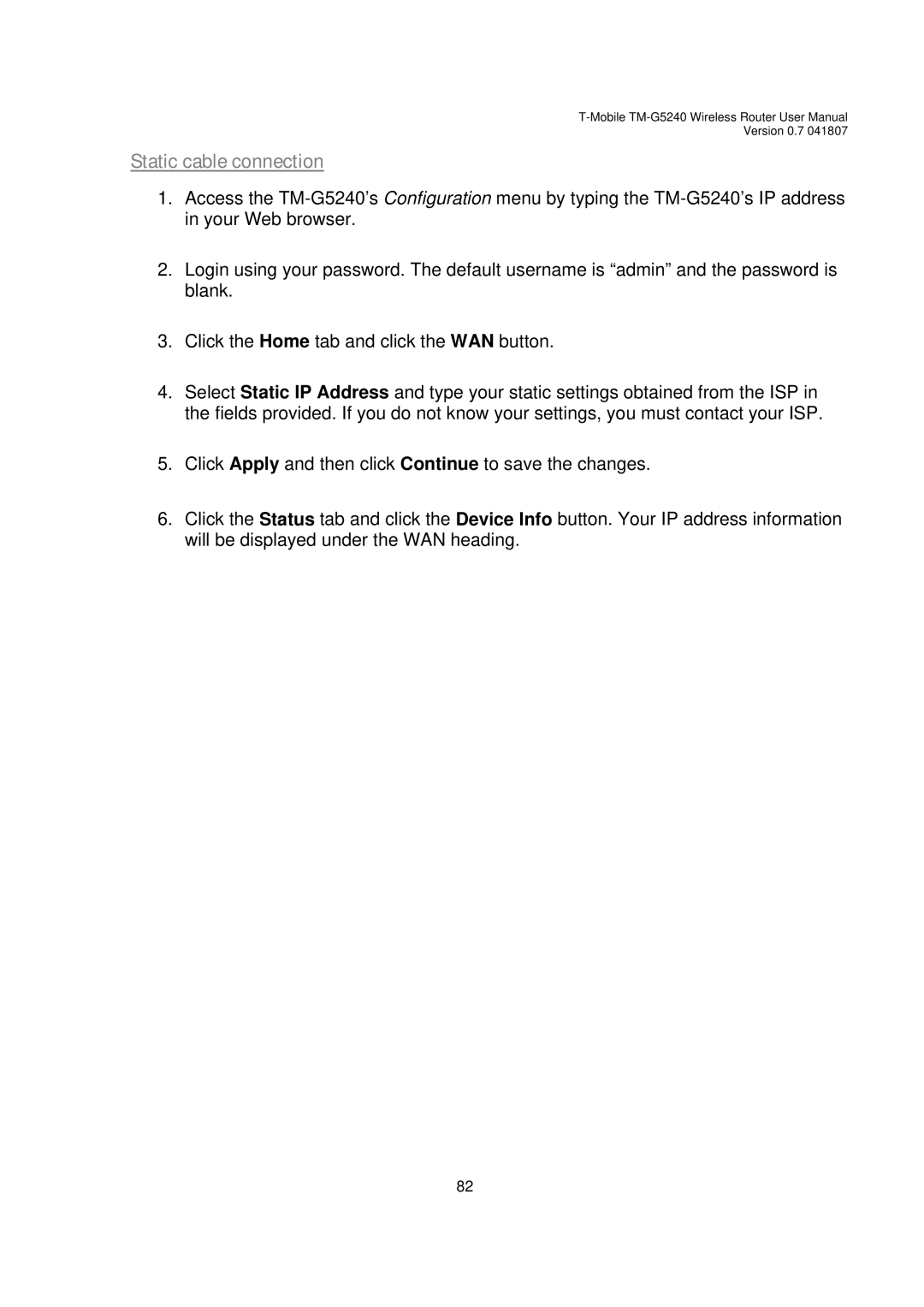 D-Link TM-G5240 user manual Static cable connection 