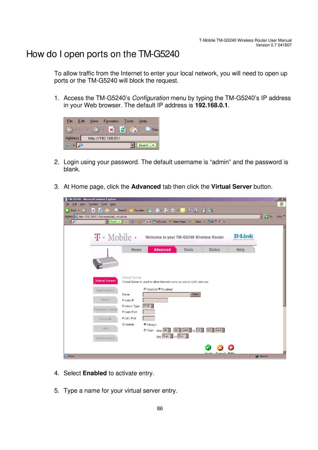 D-Link user manual How do I open ports on the TM-G5240 