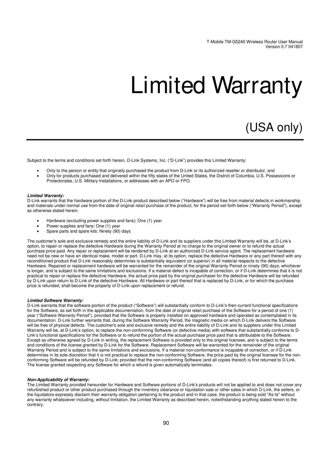 D-Link TM-G5240 user manual Limited Warranty 