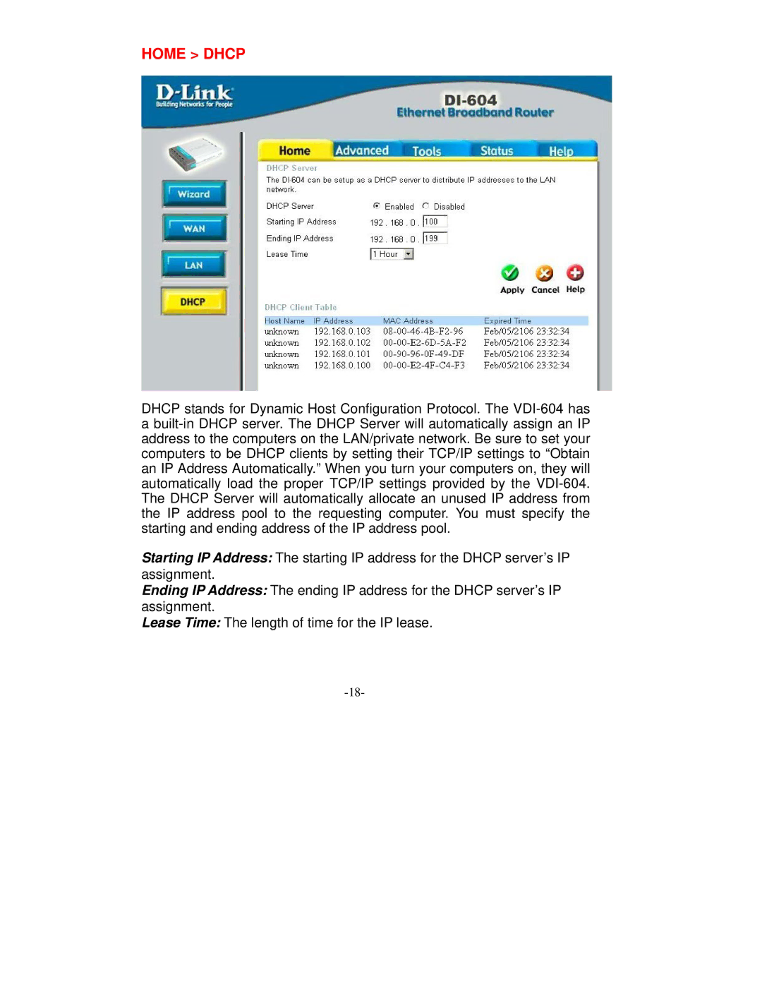 D-Link VDI-604 manual Home Dhcp 