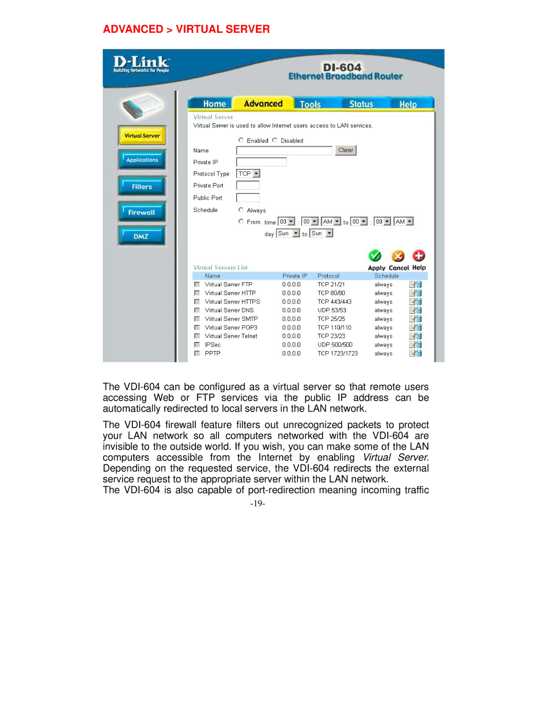 D-Link VDI-604 manual Advanced Virtual Server 