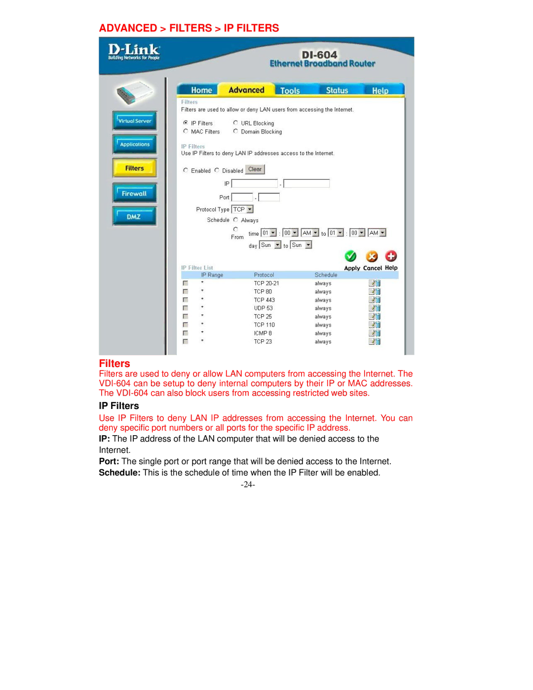 D-Link VDI-604 manual Advanced Filters IP Filters 