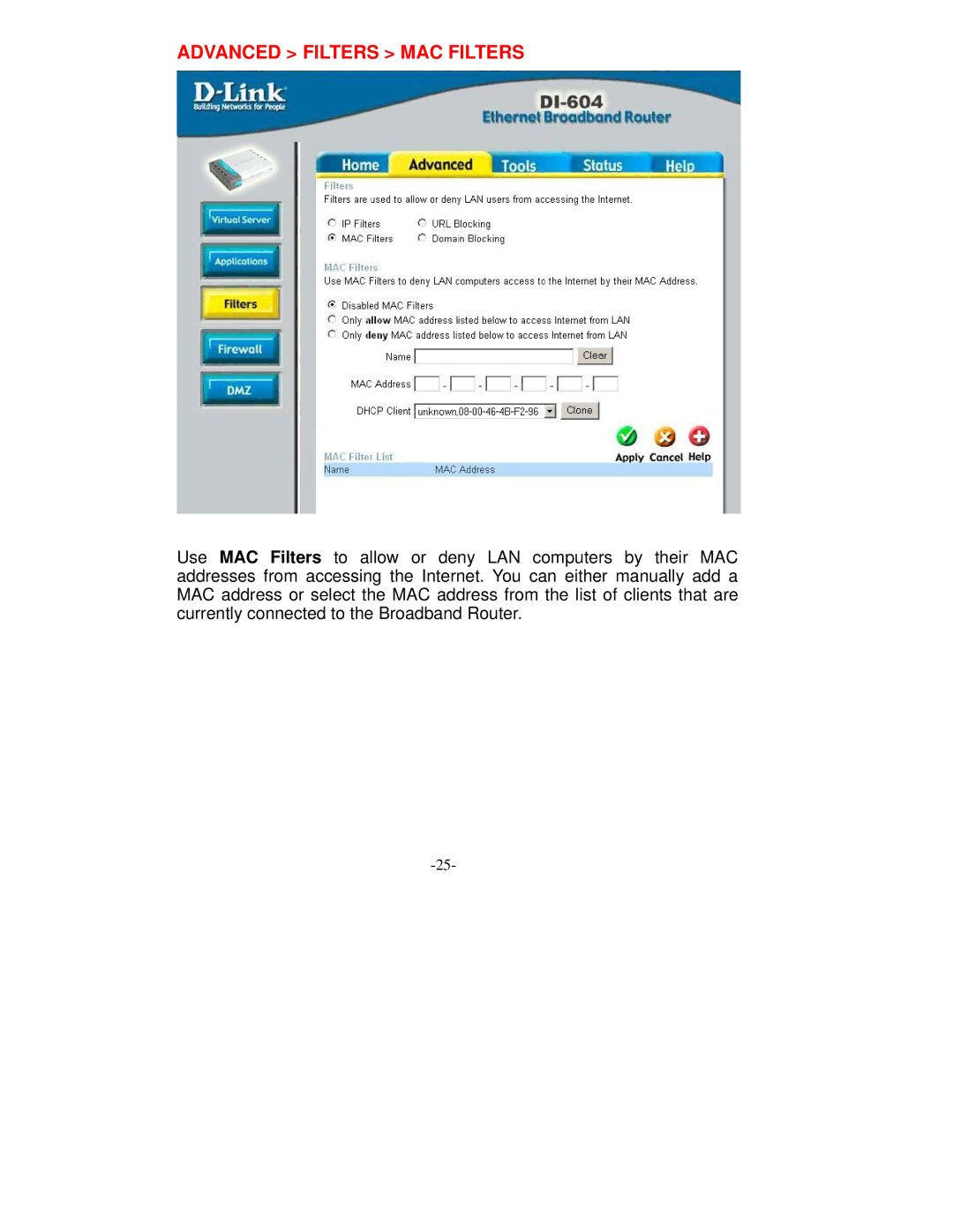 D-Link VDI-604 manual Advanced Filters MAC Filters 