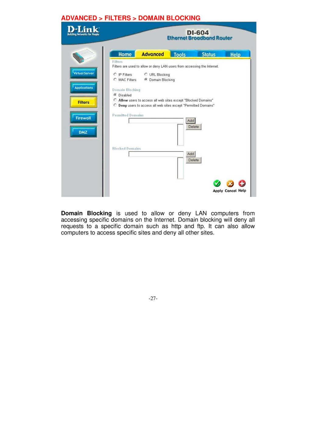 D-Link VDI-604 manual Advanced Filters Domain Blocking 