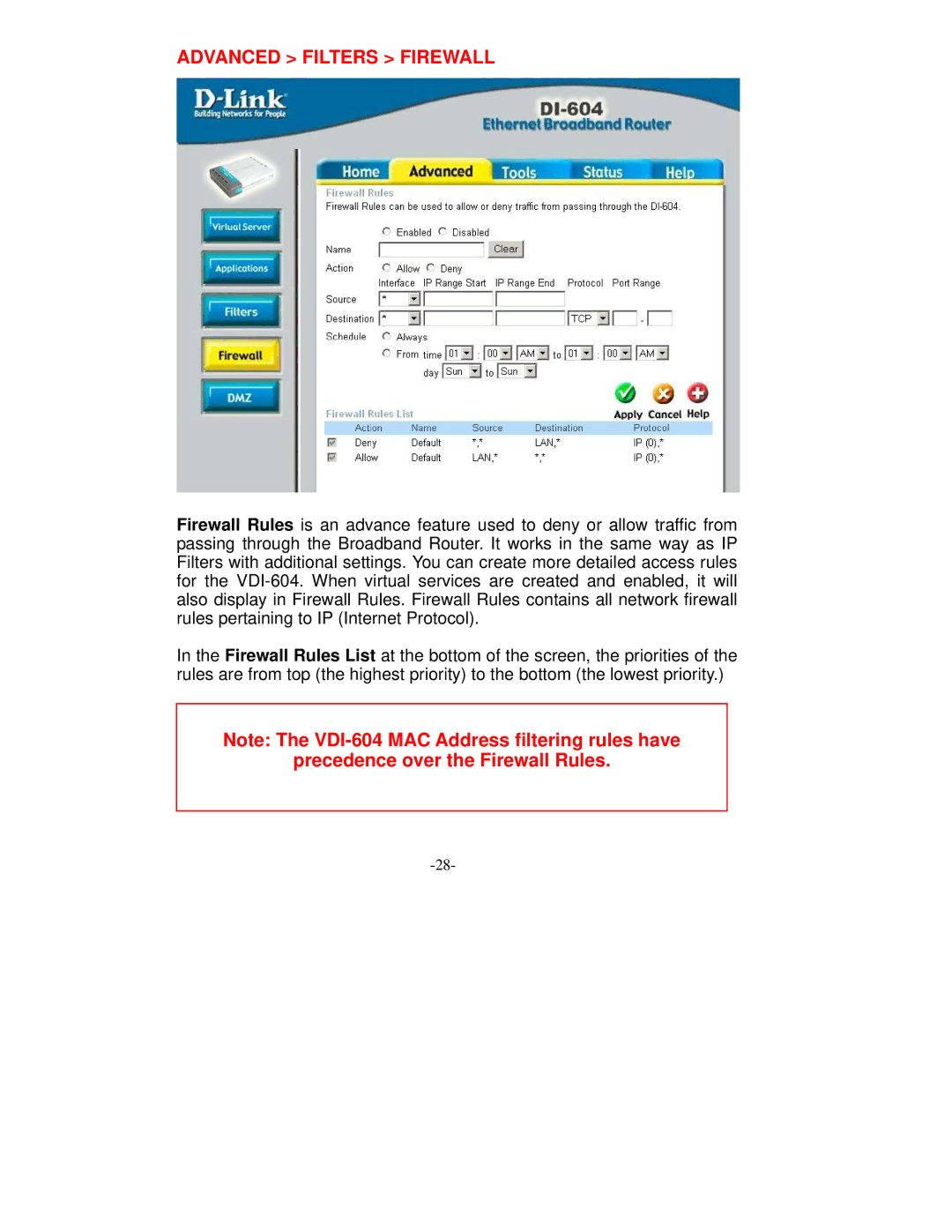 D-Link VDI-604 manual Advanced Filters Firewall 